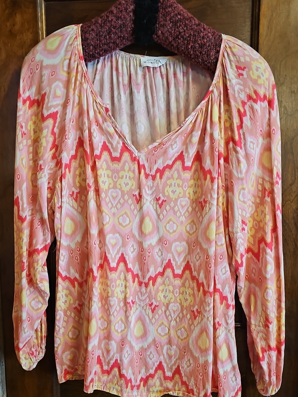 Wonderly Coral Pink Ikat-Pattern V-Neck Blouse